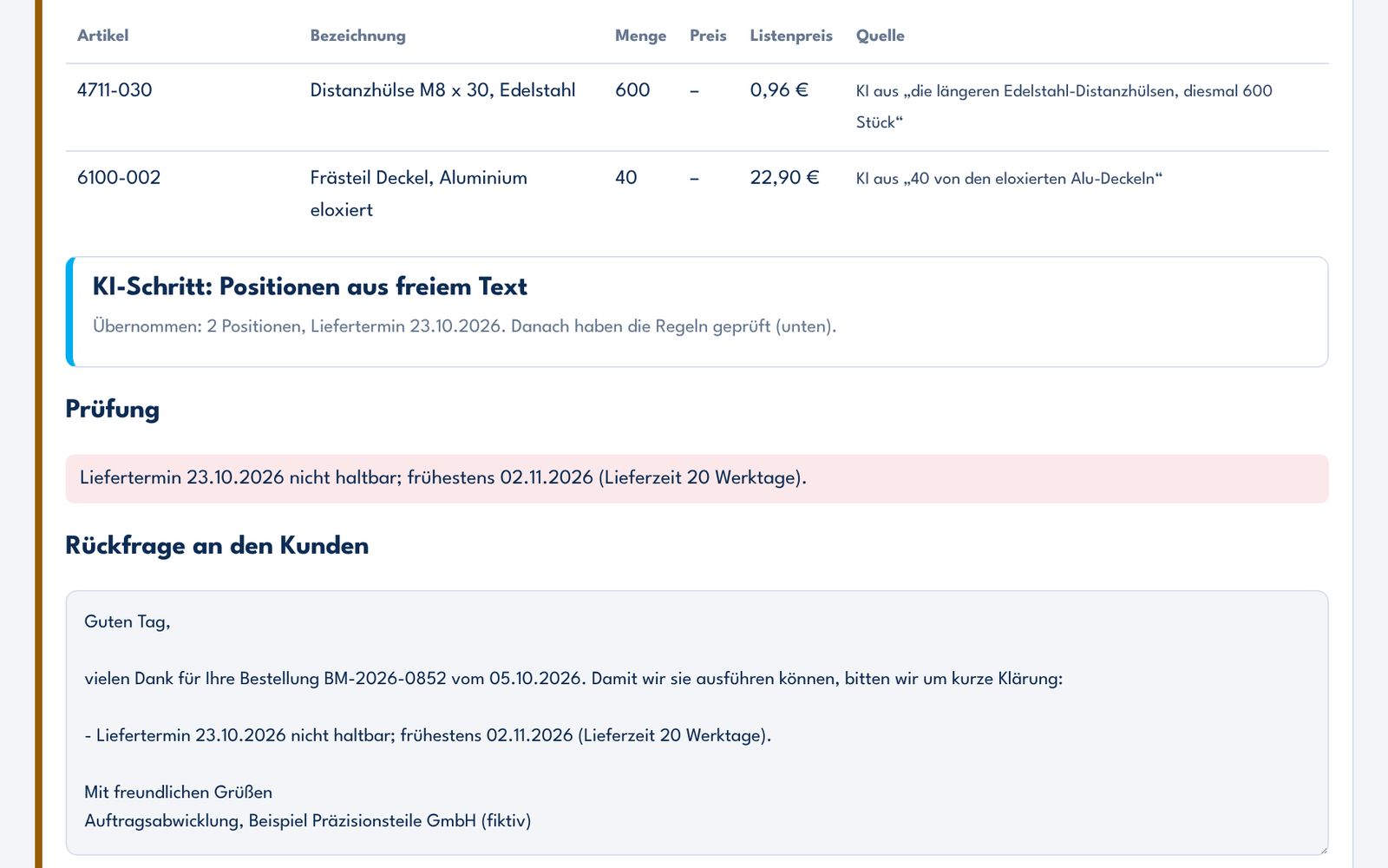 Oberfläche: frei formulierte Nachbestellung, vom KI-Schritt zugeordnete Positionen mit Textstelle, Prüfung des Wunschtermins