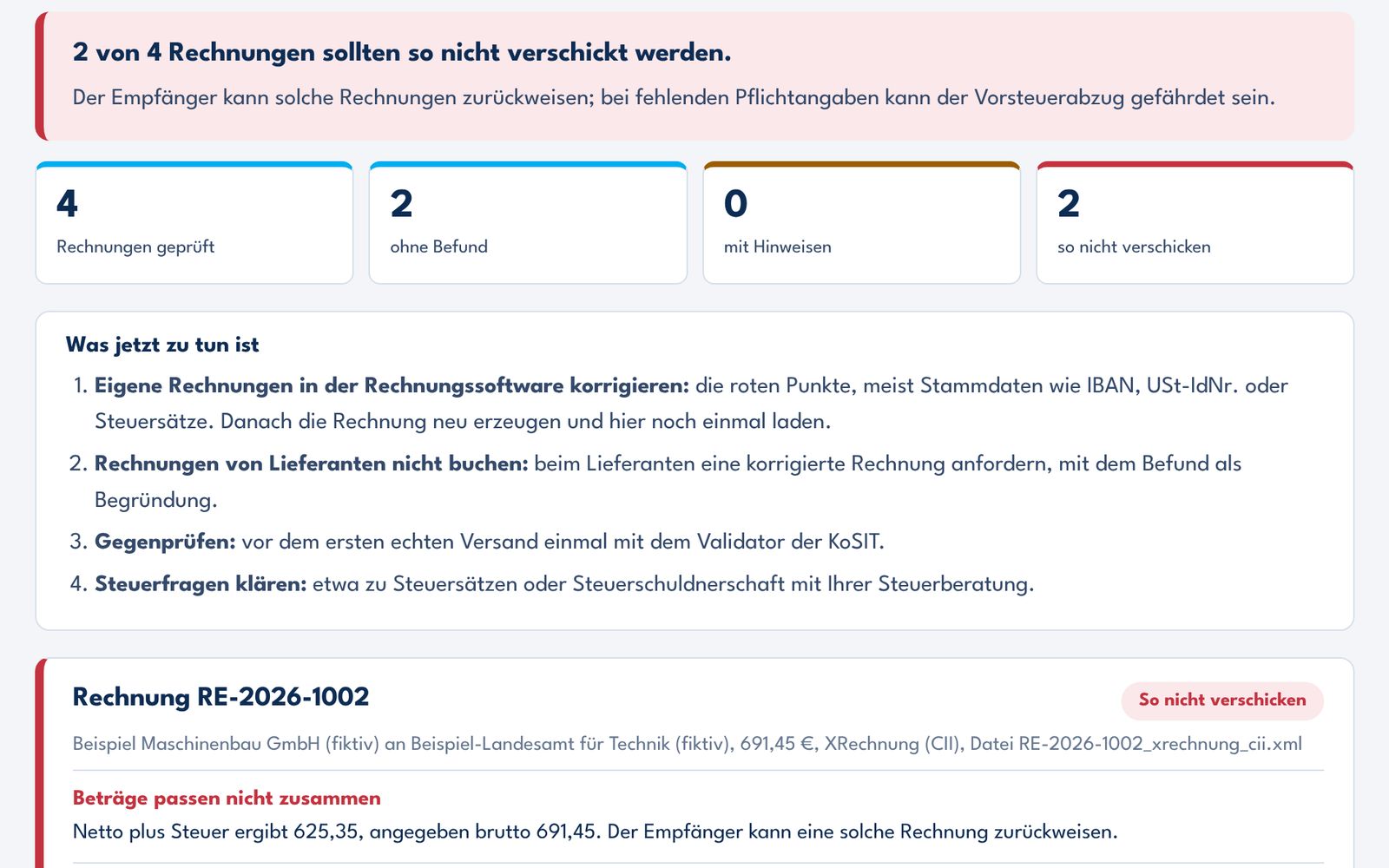 Oberfläche des Moduls „E-Rechnungen prüfen“: vier Rechnungen geprüft, zwei so nicht verschicken, mit Begründung je Befund