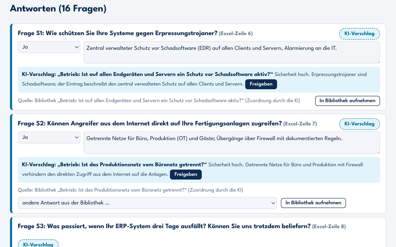 Oberfläche: frei formulierte und englische Fragen mit Vorschlag des KI-Schritts, Quelle und Begründung, Freigabe je Antwort