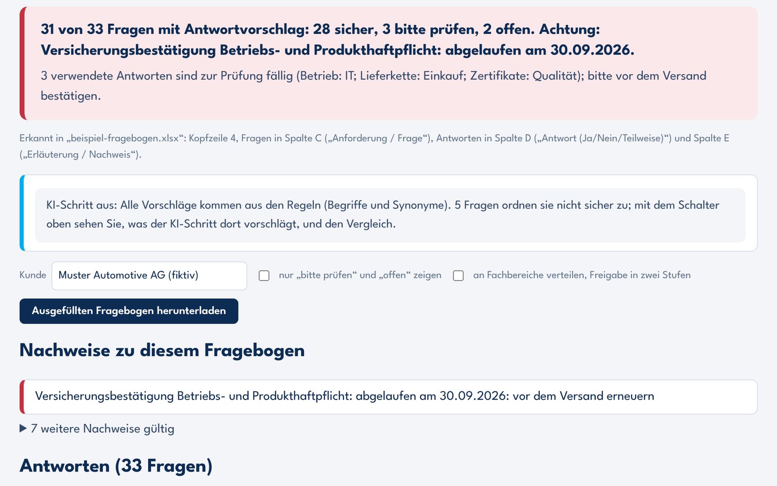 Oberfläche: 31 von 33 Fragen mit Antwortvorschlag, Warnung vor einer abgelaufenen Versicherungsbestätigung