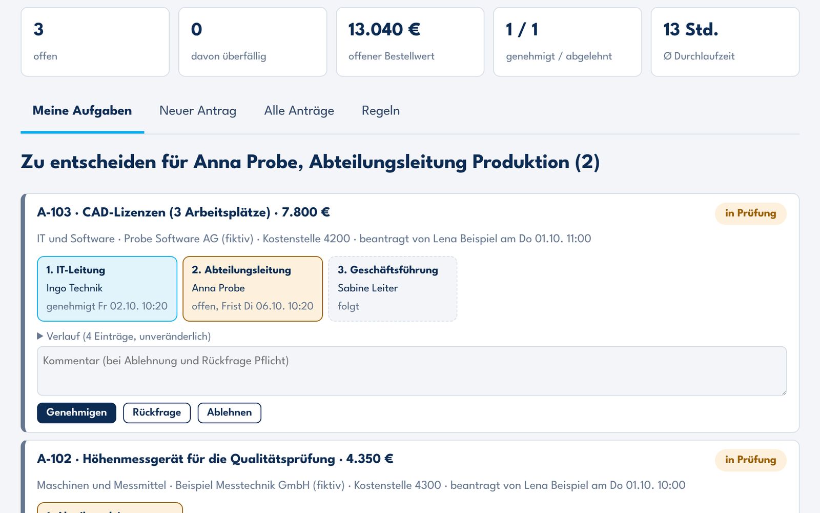 Oberfläche: Bestellfreigaben mit offenen Vorgängen, Bestellwert, Durchlaufzeit und Freigabekette